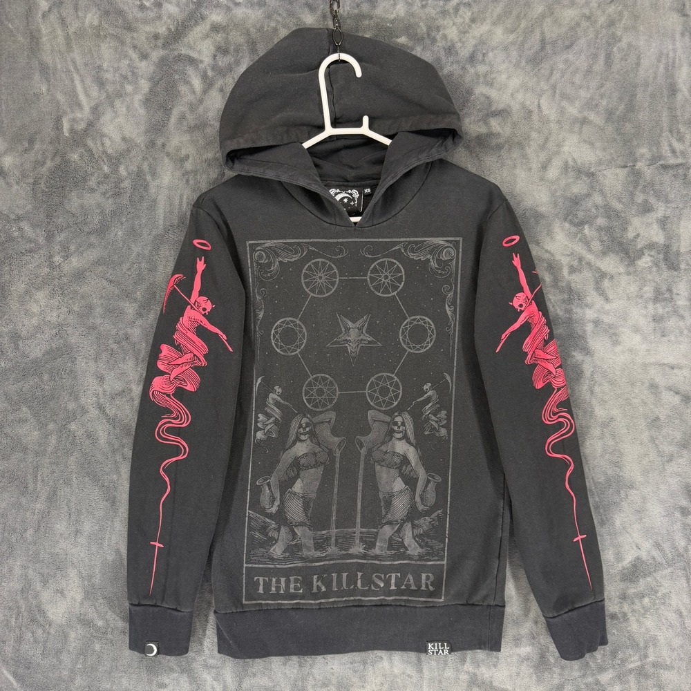 Killstar Mens XS Black Tarot Graphic Hoodie Occult Goth Pink‎ Sleeve Print XS